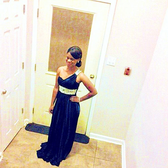 Macy’s Navy Blue Jeweled One Shoulder Elegant Dress Size 3 - Picture 1 of 7